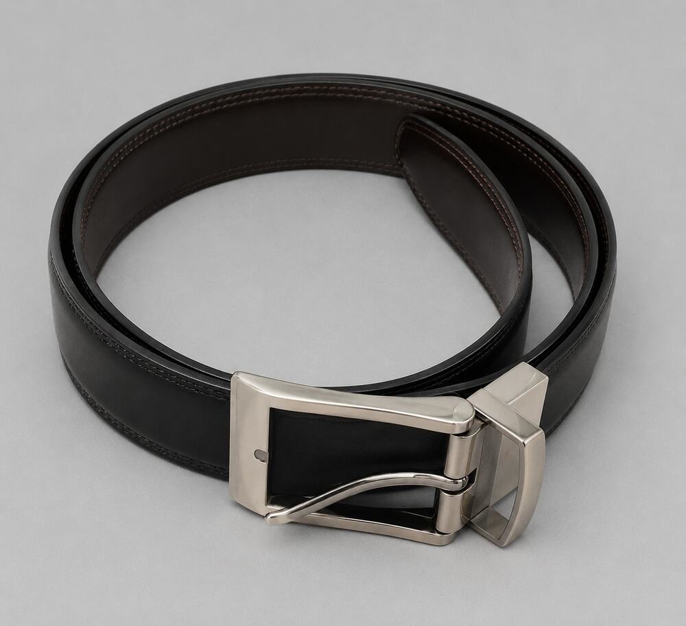 Men’s Black Brown Reversible Leather Belt Size 36 Gunmetal Buckle
